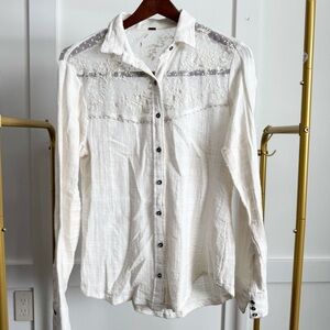 Free People White Long Sleeve Button Up Cotton and Lace Blouse Women's Size XS